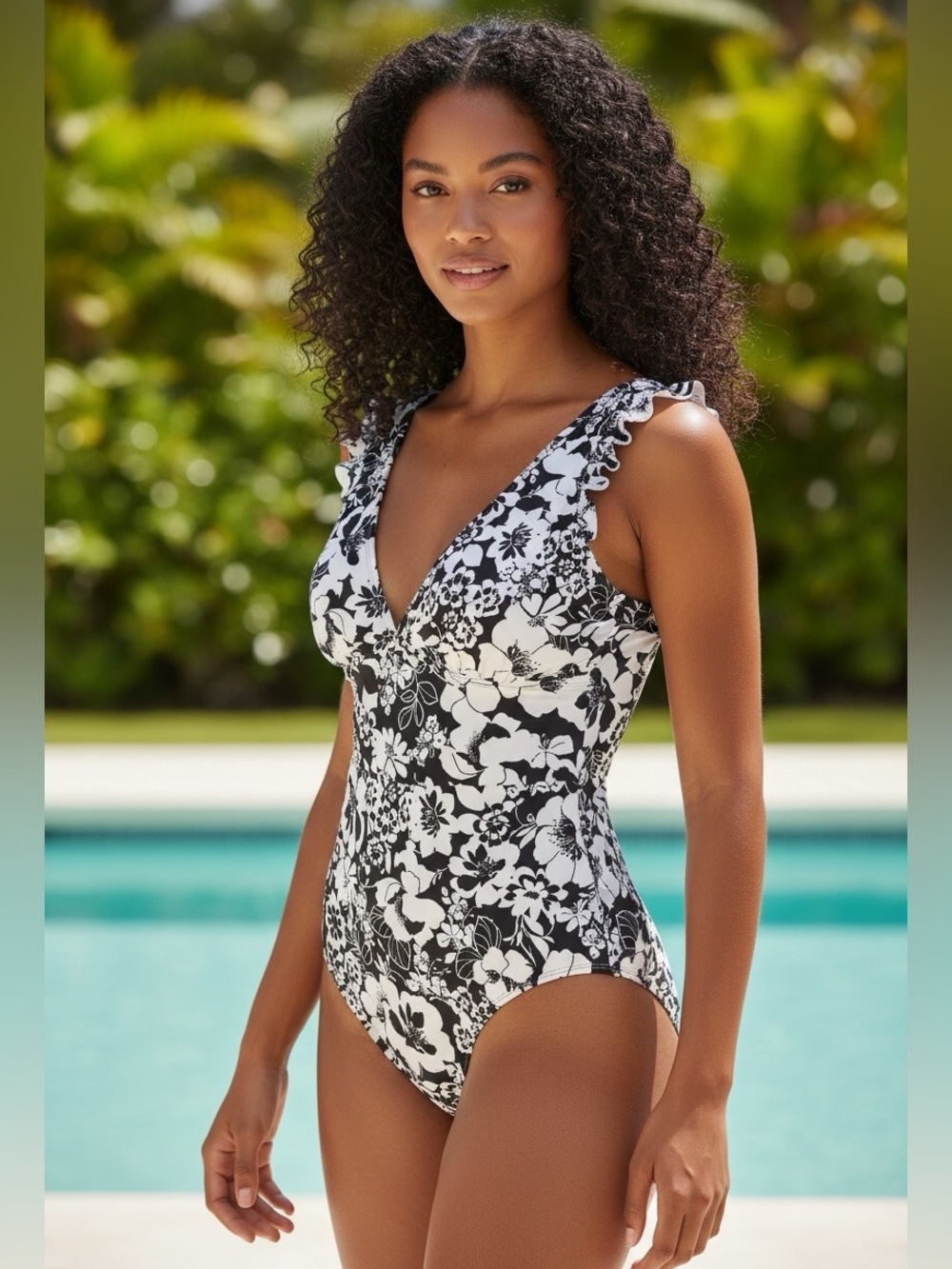 Catalina Swim ware Black & Cream/white Floral One-Piece Swimsuit M